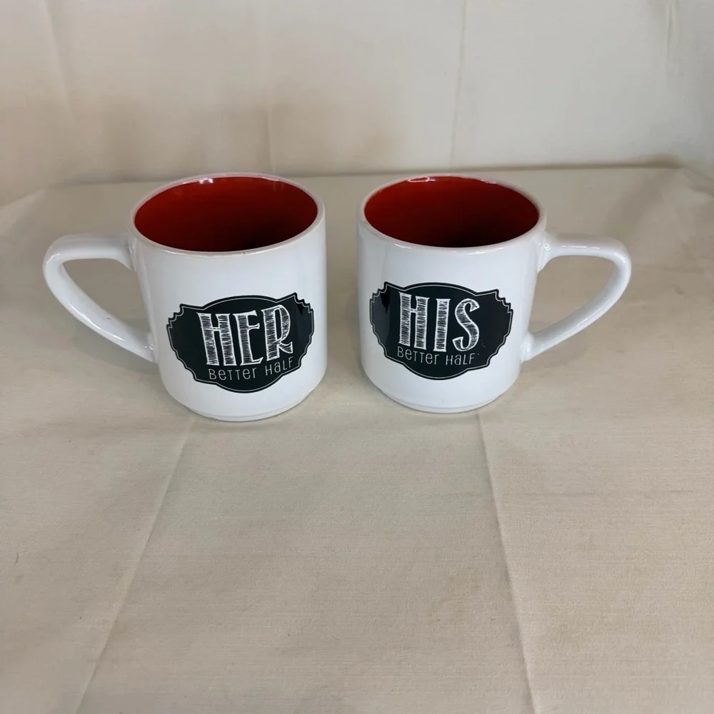 PIER 1 IMPORTS Mug Set of 2 His Hers BETTER HALF Coffee Style Cup Mug
